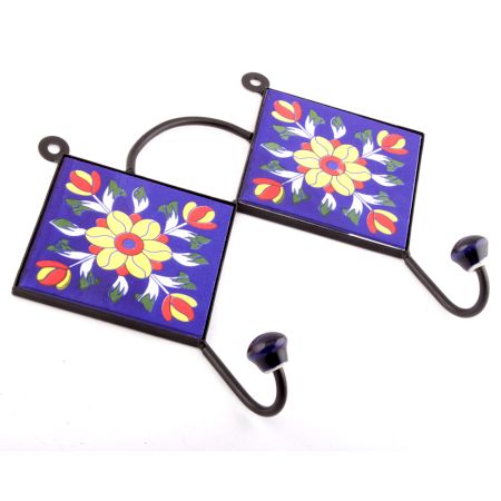 Navy Blue And Yellow Sun Flower Ceramic Tiles Hooks 